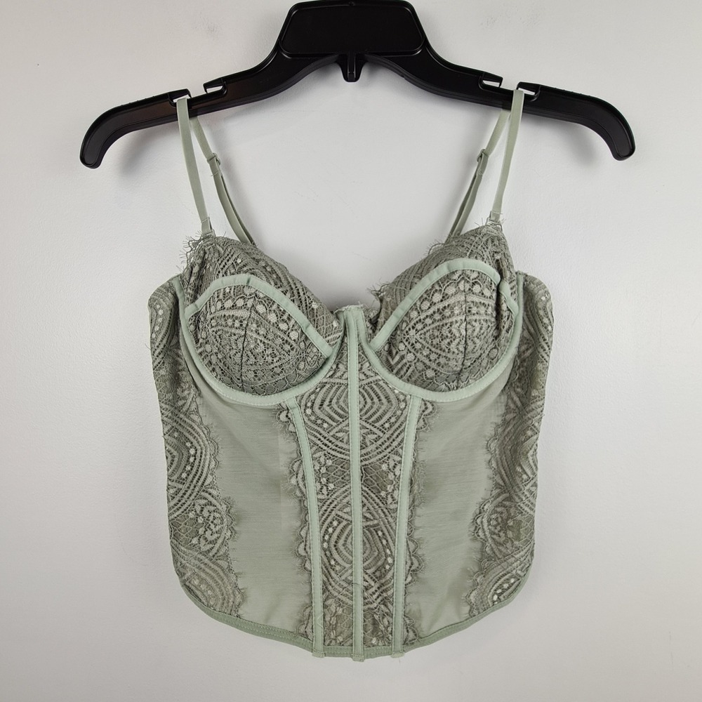 Garage Chrishell Lace Mesh Bustier Top Shadow Sage Green Small NWT Corset Boho